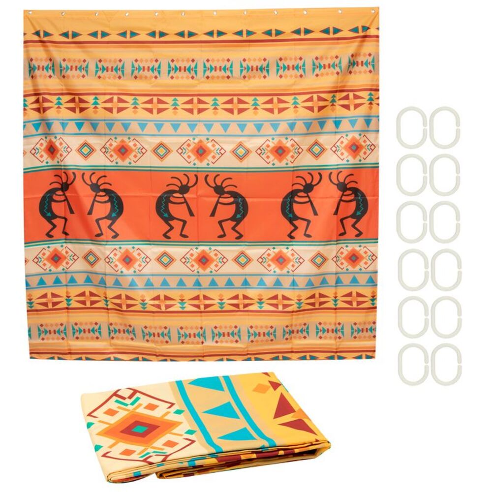 Canyon Sky Kokopelli Shower Curtain in Orange/Blue with 12 Hooks, 70" x 70"